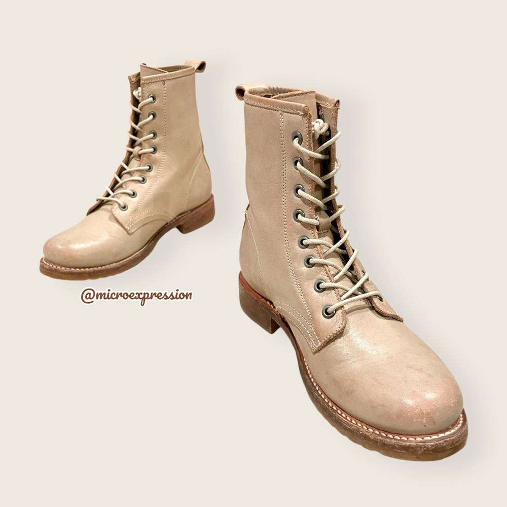 $399 Frye Veronica Combat Tan Cream Distressed Leather Lace Up Vintage Moto Boot - Picture 8 of 15